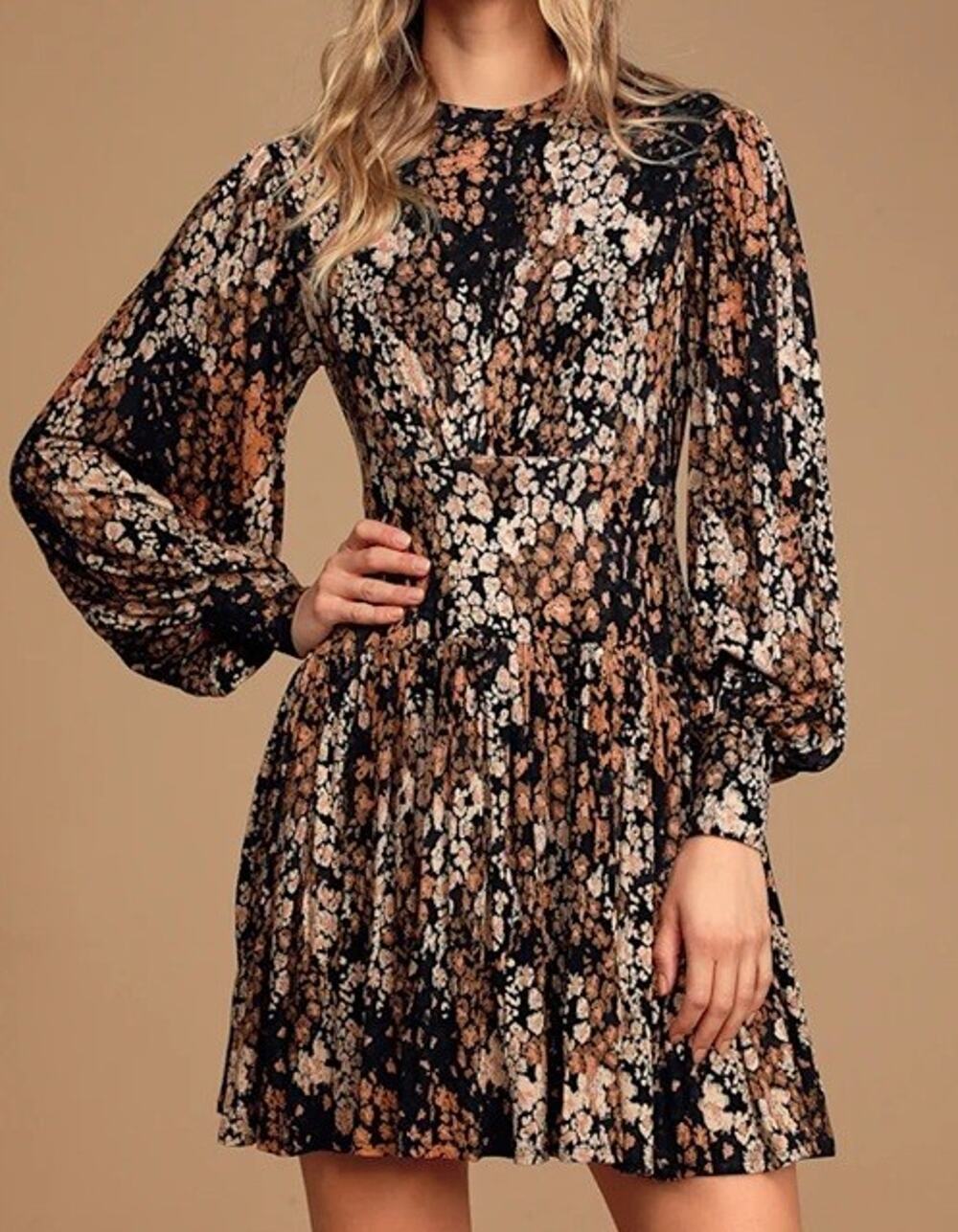 Free People Sz M Heartbeat Black Floral Print Long Sleeve Skater Jersey Dress